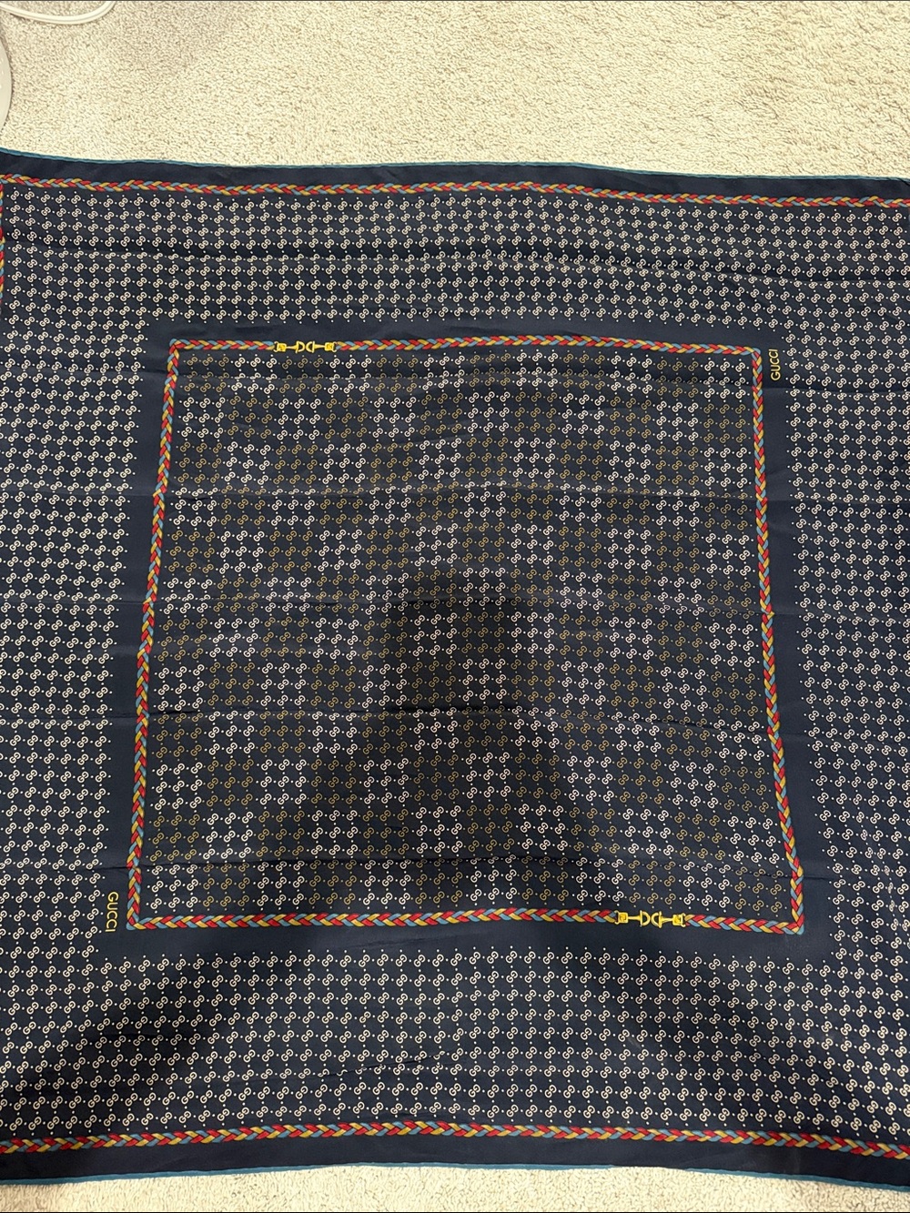 Vintage Gucci Black Silk Square Scare with Red, Green and Yellow Trim